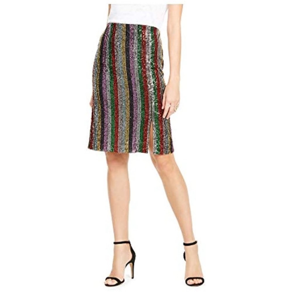 INC Black Multi Color Stripe Mid Length Skirt